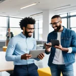 기업 이미지 위기 사례 - **Prompt:** A diverse group of young professionals in a bright, modern co-working space, each lookin...