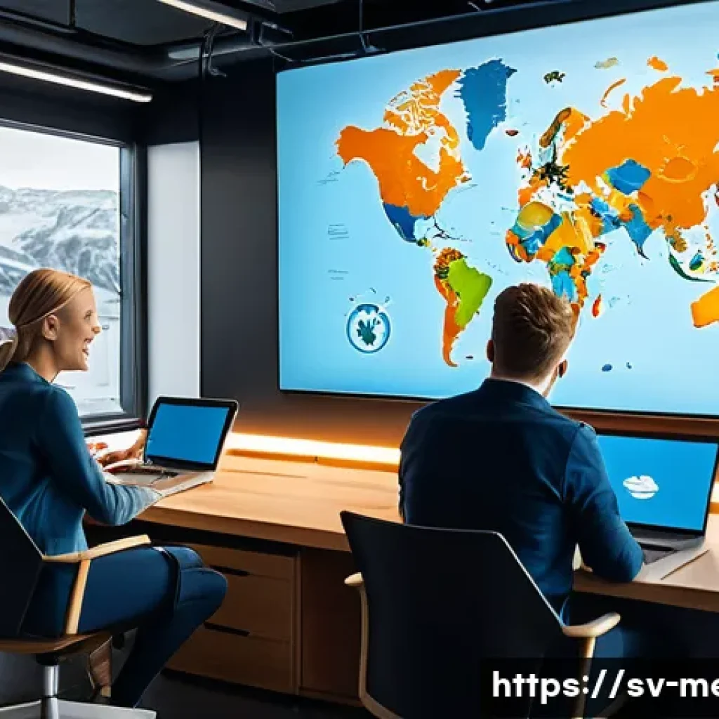 언론홍보학 해외 사례 - A diverse group of professional media and marketing experts in a modern Scandinavian office, collabo...