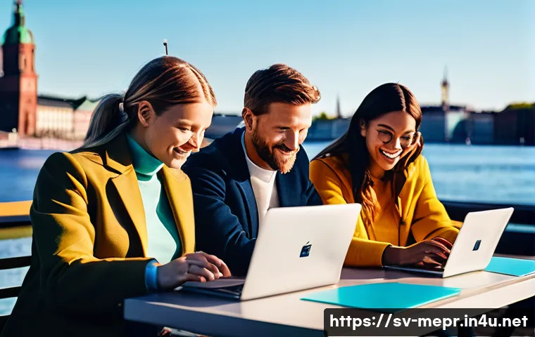 공공홍보와 캠페인 사례 - A vibrant digital campaign scene showing a diverse group of Swedish adults engaging with social medi...