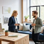 Home 21 스토리텔링 PR 사례 - A warm and authentic scene showing a diverse group of Swedish small business employees in a cozy, mo...