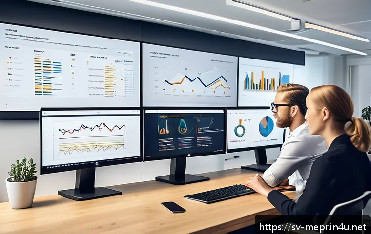 PR 성과 평가 방법 - A modern Swedish office environment with a diverse PR team analyzing digital data on multiple large ...