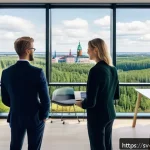 Home 19 기업 사회적 책임 CSR - A modern Swedish corporate office environment focused on sustainability integration, showing diverse...