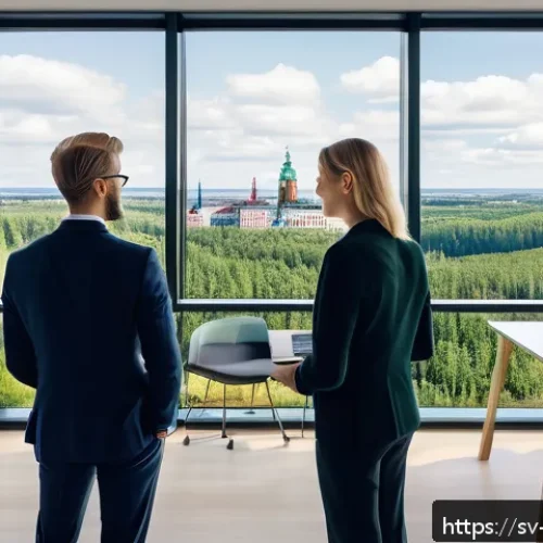 Home 31 기업 사회적 책임 CSR - A modern Swedish corporate office environment focused on sustainability integration, showing diverse...