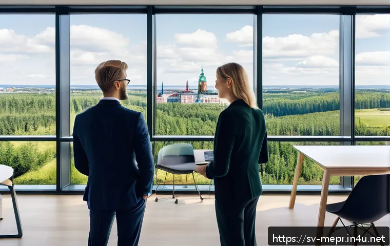 기업 사회적 책임 CSR - A modern Swedish corporate office environment focused on sustainability integration, showing diverse...