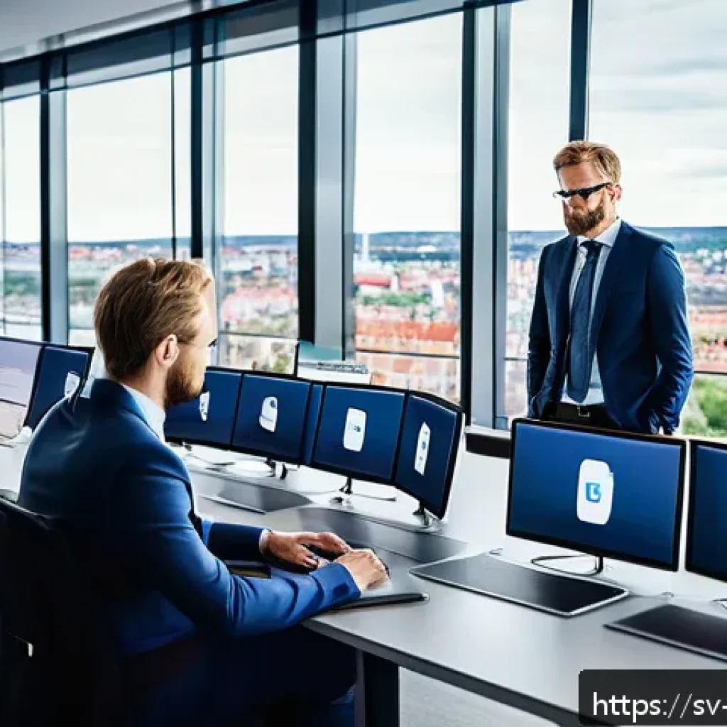 온라인 평판 위기 사례 - A modern Swedish corporate crisis communication team in a sleek office, actively monitoring multiple...