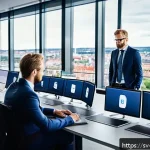 Home 18 온라인 평판 위기 사례 - A modern Swedish corporate crisis communication team in a sleek office, actively monitoring multiple...