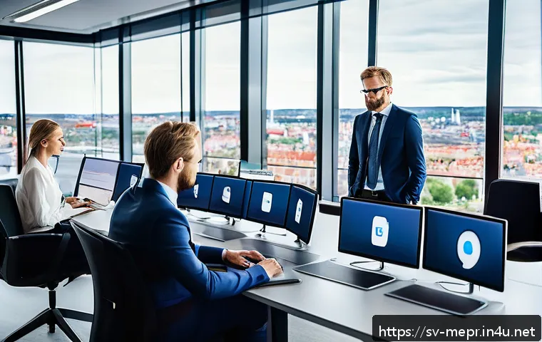 온라인 평판 위기 사례 - A modern Swedish corporate crisis communication team in a sleek office, actively monitoring multiple...