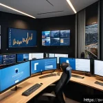 Home 23 위기 대응 PR 사례 - A modern corporate crisis communication center in Stockholm, featuring a diverse team of professiona...