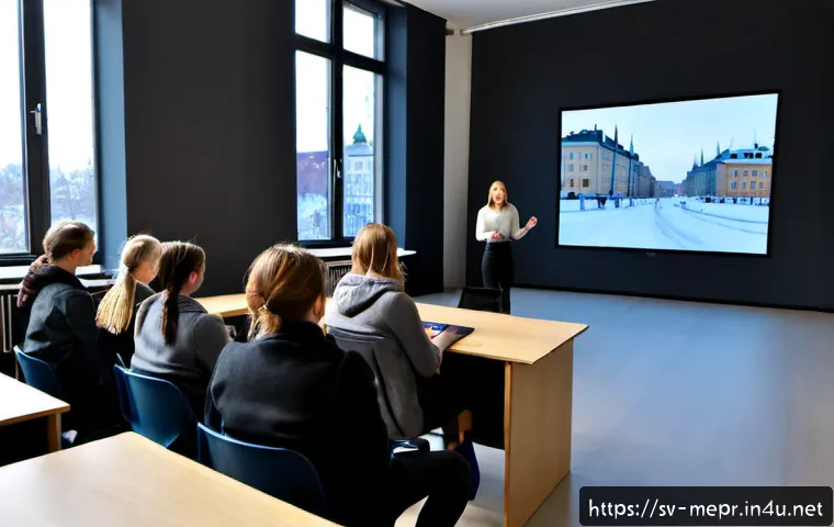 언론홍보학 관련 대학과정 - Photorealistic Swedish university media relations seminar in a bright Scandinavian classroom, divers...